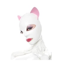 White Cosplay Cat Ear Latex Hood Mask with Back Zipper Halloween for Women BDSM