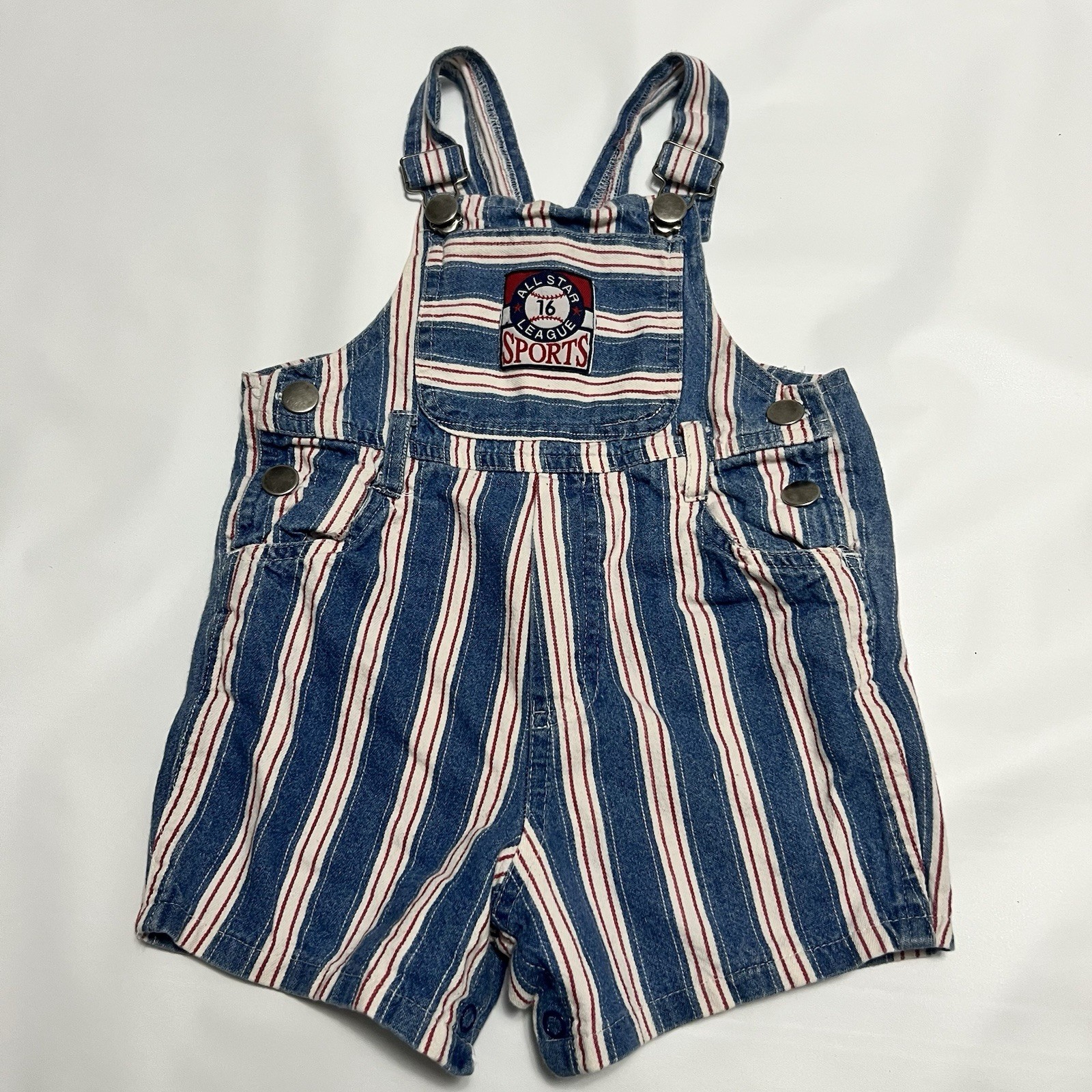 Vintage pinstripe Hopscotch Baby 24 Month Overalls Red White Blue All Star Sport