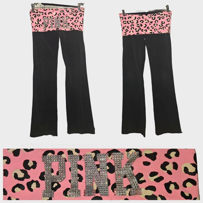 victoria-secret-vs y2k vintage foldover yoga flare leopard pants