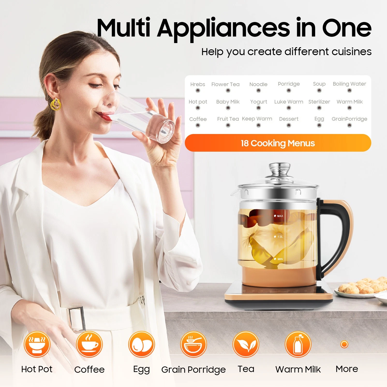 18L 800W Electric Health Pot Electric Glass Kettle for Boiling Water Tea Maker
