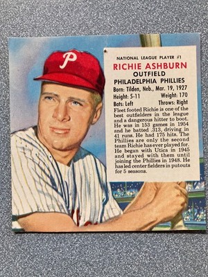 1954 RED MAN TOBACCO CARD RICHIE ASHBURN #1 NL HOF!  PHILLIES GREAT!  TACK HOLE!