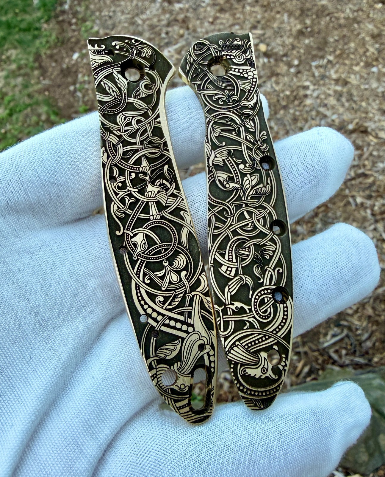 Brass Engraved Scales for Kershaw Leek &ndash; Norse Design &ndash; Made in USA &ndash;