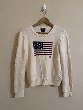 Polo Ralph Lauren American Flag Sweater USA Knit Crewneck Cream Medium