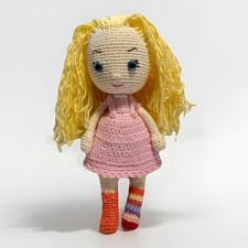 Handmade Crochet Amigurumi Doll Blonde Hair Pink Dress Plush Stuffed Toy