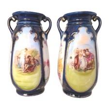 Antique Pair of Cobalt Blue & Gilt Porcelain Mantel Vases – Classical Scenes
