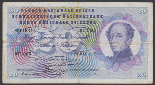 Switzerland  20 Franken 1971  VF  P. 46,    Banknote, Circulated - Picture 1 of 2