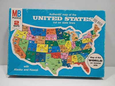 Vintage 1975 Milton Bradley Wood Map of the US / World Map 2 Sided Puzzle 