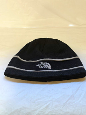 The North Face Lined Fleece Beanie Hat Black/Gray Striped Logo One Size