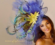 Aimee Fuller Kentucky Derby Fascinator Huge Hat Peacock Navy Blue Ascot Del Mar