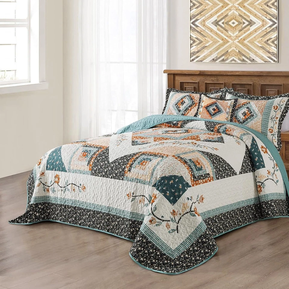 Floral Cotton Twin Size Bedspread Set - Lightweight Quilt XL - Image 4 of 4