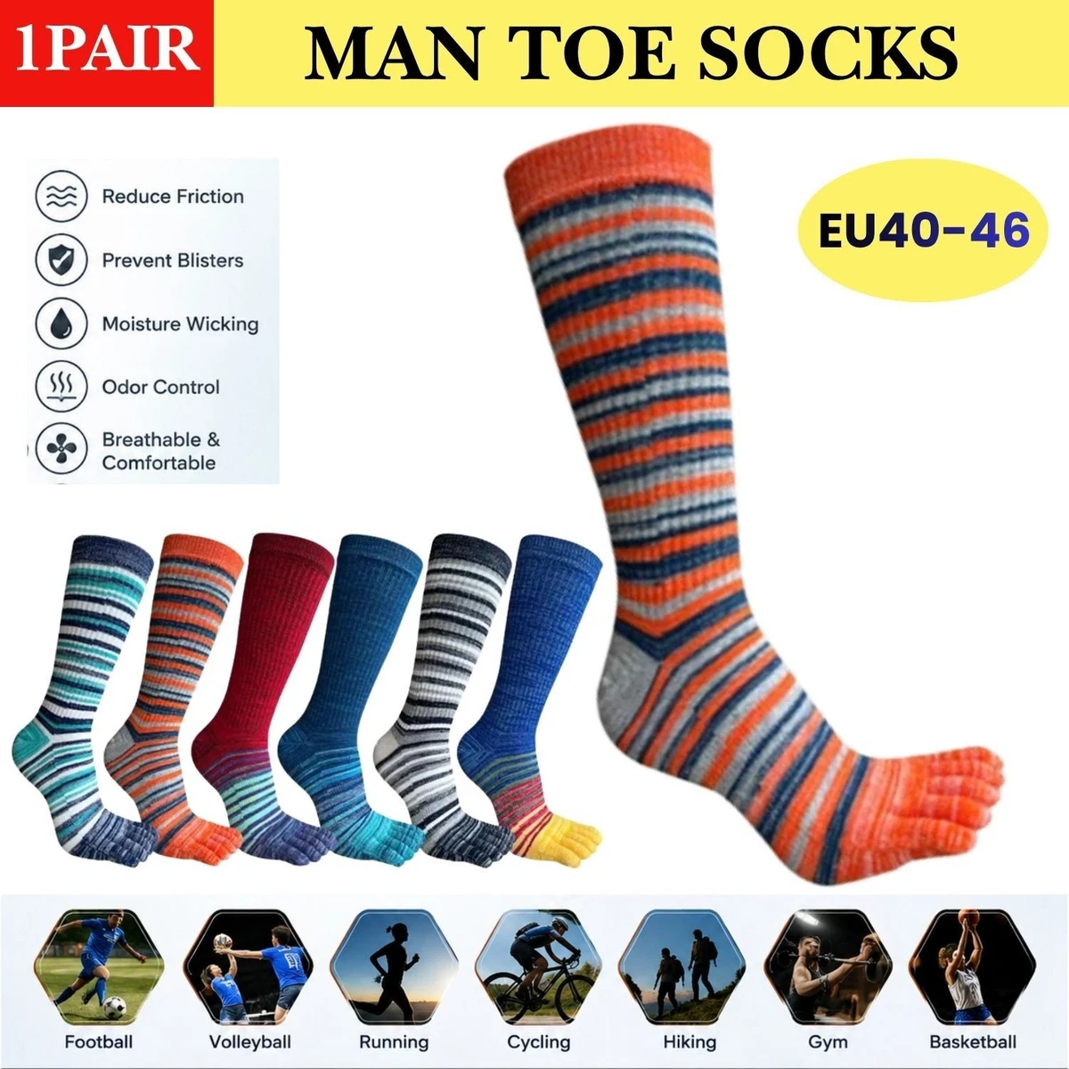 Men's Cotton Five Toe Socks Long Compression Sports Running Hiking EU40-46