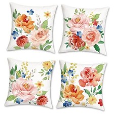 Peony Flower Throw Pillow Covers 18 x 18 Inch Set of 4 Watercolor Pink Floral