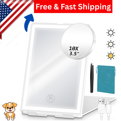 Travel Lighted Makeup Mirror with 10X Magnification, Rechargeable Folding..