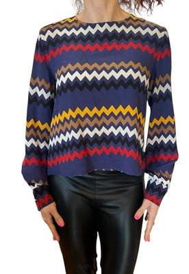 MSGM MILANO WOMEN'S BLOUSE TOP BLUE ZIG ZAG LONG SLEEVES M/L