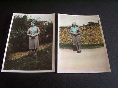 Handgetönt 2 Vintage Fotos Frau trägt gleiches Outfit Mode Rose Magna