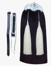 Scottish Celtic Plate Black Horse Hair Sporran 2 White Tassels Kilt Sporran