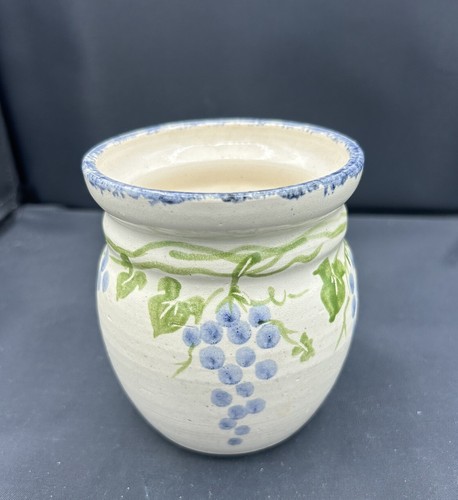 Vintage Grapevines Studio Art Pottery Open Crock Jar Vase 4.5" Signed