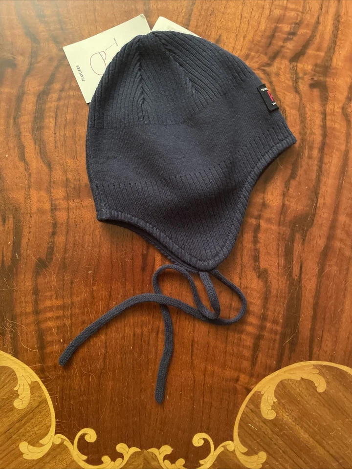 NWT Polarn O. Pyret Sweden Baby Cotton Winter Hat w Ear Flaps & Ties NavyBlue Foto 3 de 4