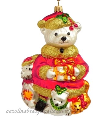 Mama Bear In Santa Suit With Two Cubs and Cat Large Blown Glass Ornament Poland