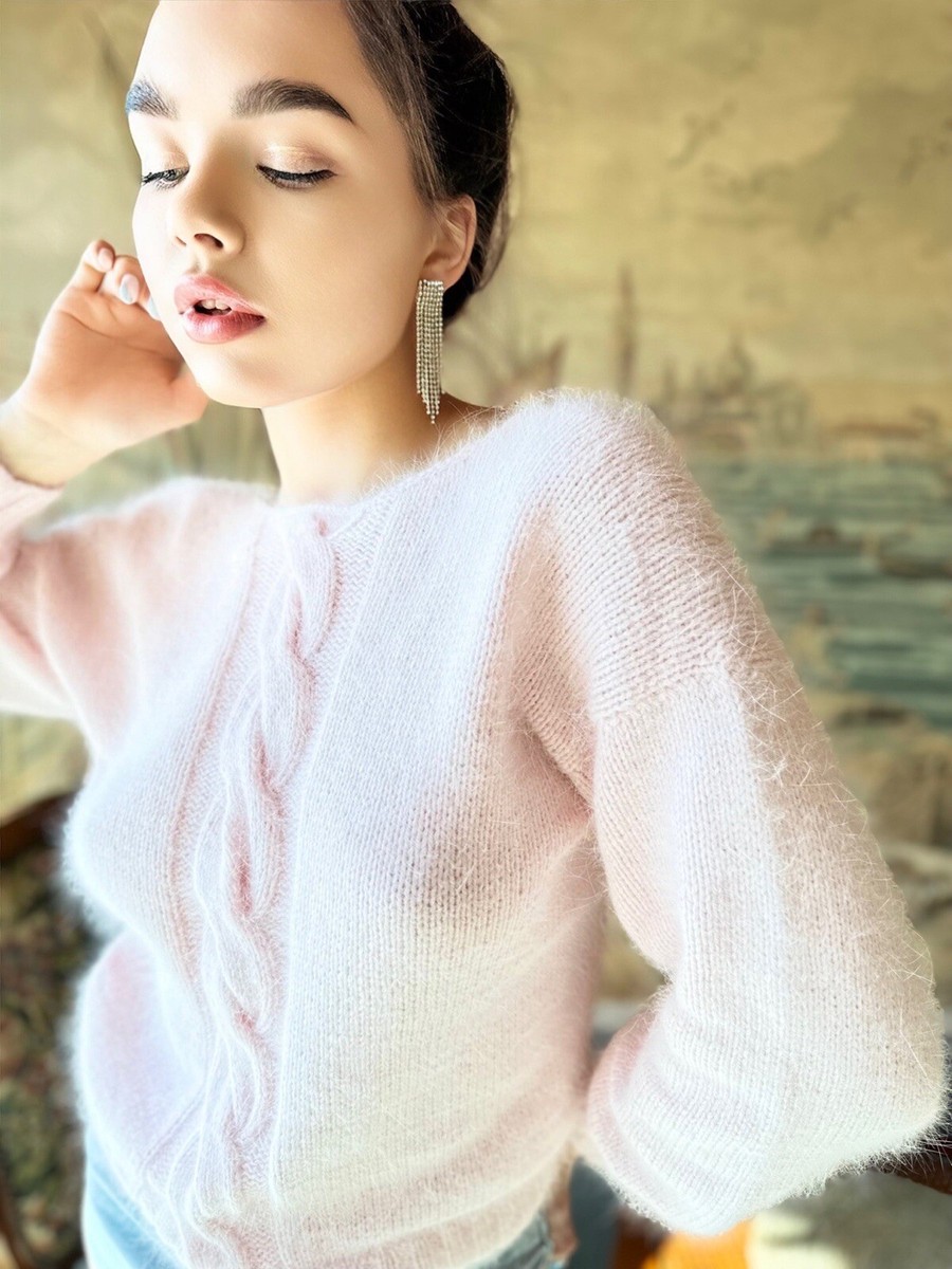 Light pink angora sweater Open back Deep neckline Knit Pastel