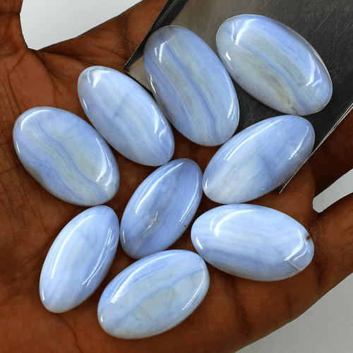 9 Pcs Natural Blue Chalcedony Top Grade 28mm-32mm Oval Cabochon Loose Gemstones - Picture 5 of 13