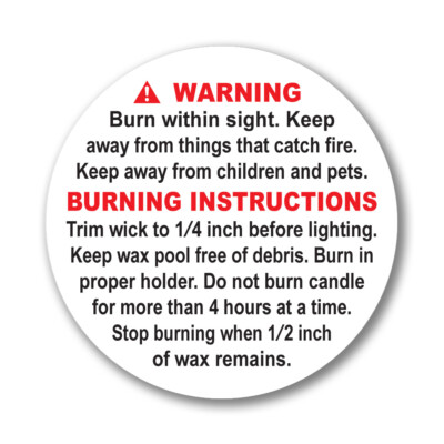 2'' ASTM Compliant Candle Warning Labels 24 to 100 Round Stickers Wax Melting