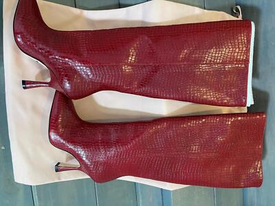 New, Stuart Weitzman Red Leather Boots, 6 US Size, With Bag Crock-embossed