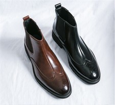 Men's Brown Wingtip Brogue Leather Dress Boots, Men Brown Ankle Boots