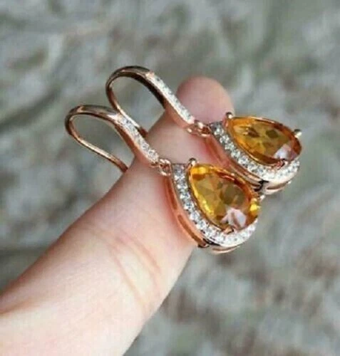 Brincos pendentes de gota de halo citrino amarelo simulado de pera 4 quilates folheados a ouro rosa 14k - Imagem 3 de 4