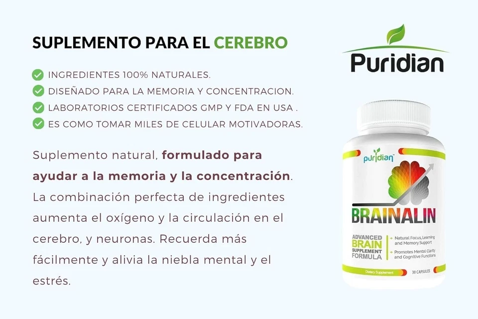 Vitaminas para El Cerebro Y Memoria Brainalin Suplemento 100% Natural - Puridian - Image 4 of 4
