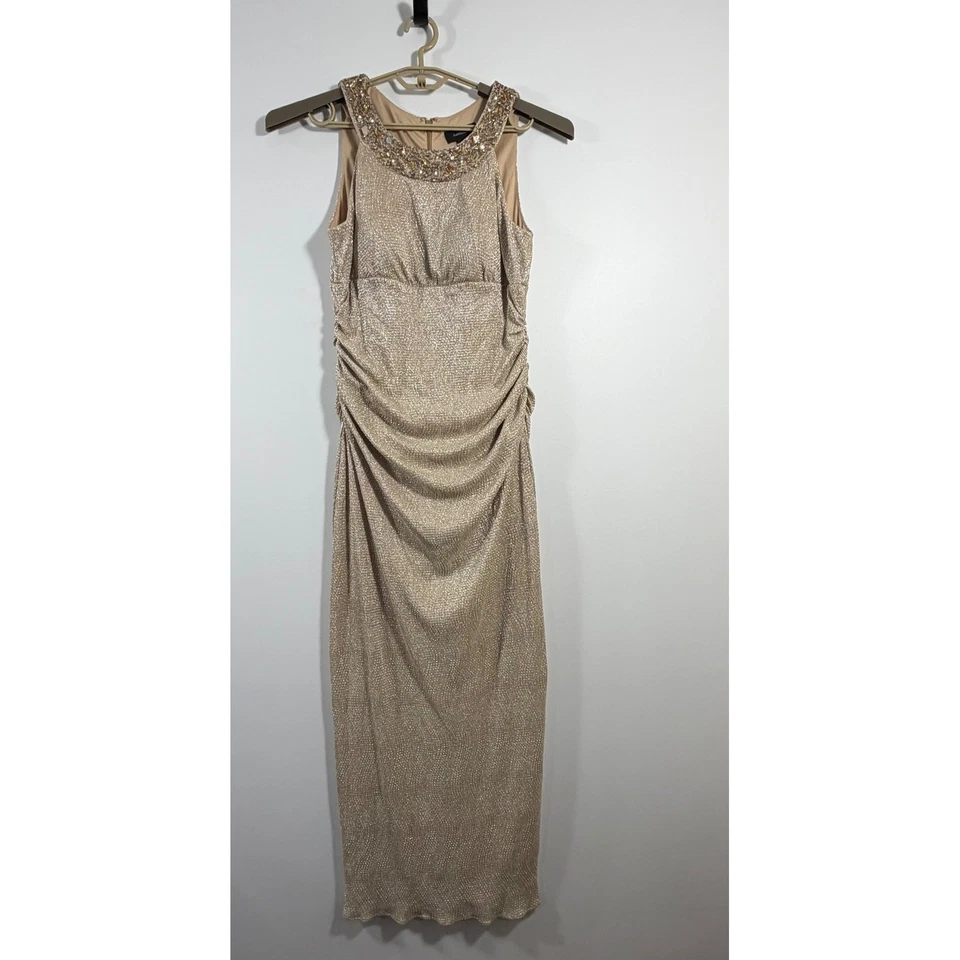 R&M Richards Embellished Beaded Neckline Ruched Gown Dress Women's Size 16 Gold - Image 2 of 4