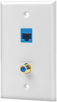 -1 Cat6 Ethernet Port and 1 Gold-Plated Cable TV Coax F Type Port Wall Plate (Wh
