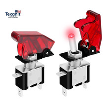 Red 12V LED Lighted Toggle Switch with Aircraft Guard Safety Flip Cover 12 Volt