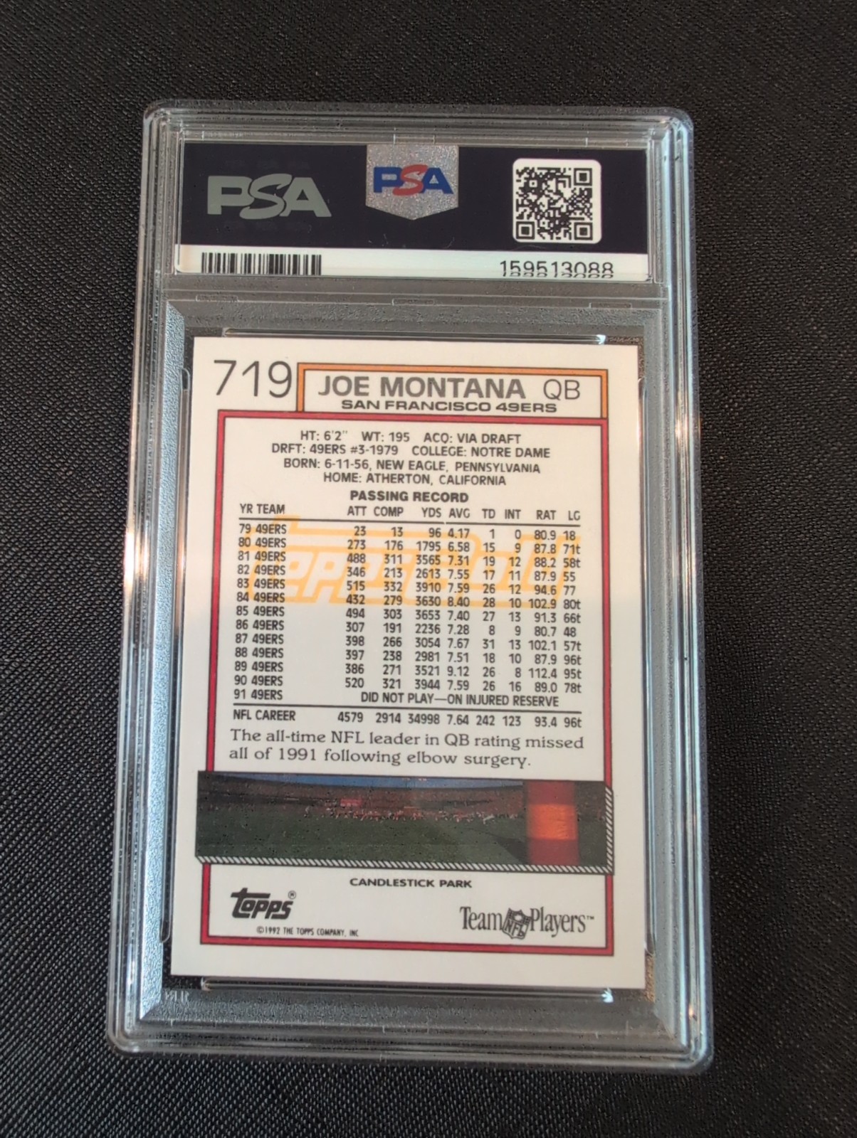 1992 Topps - Joe Montana #719 Gold PSA 9 view 3