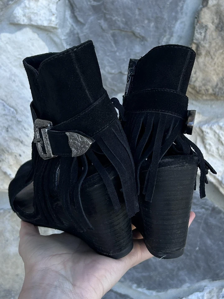 Tacones de cuña Naughty Monkey Western talla 9 cuero negro flecos vaquera concierto Foto 3 de 4