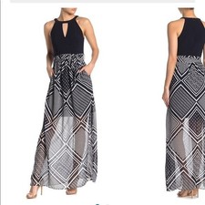 Vince Camuto Navy Geo Print Chiffon Twofer Maxi Dress Halter Keyhole Size 16