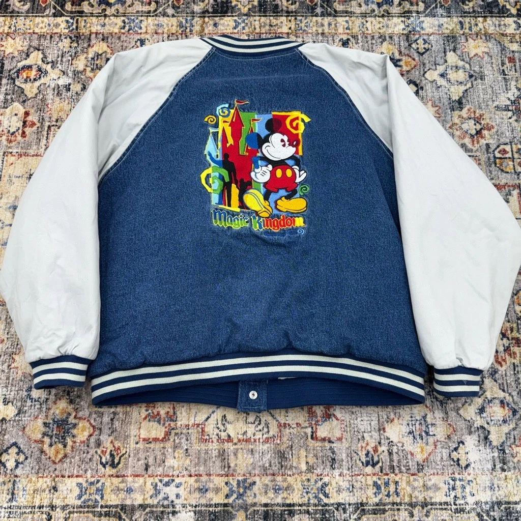 Vintage Disney World Varsity Denim Jacket MK Magic Kingdom Embroidered Size L