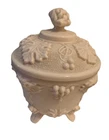 VTG Jeannette Pink Milk Glass Opaque Pink Four-Footed Grape Leave Lid Candy Dish