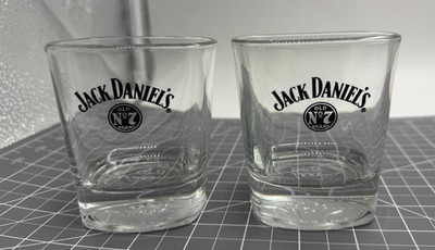 Pair of Jack Daniels Round Rocks Glass Old No.7 Black Print with Embossed Bottom