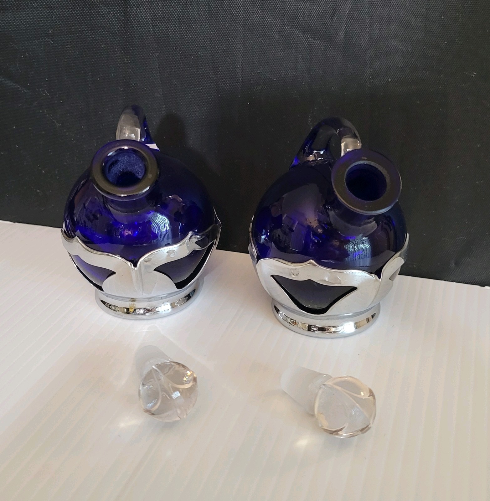 Vtg KROME KRAFT Farber Bros NY Oil Vinegar Cobalt Blue Glass 