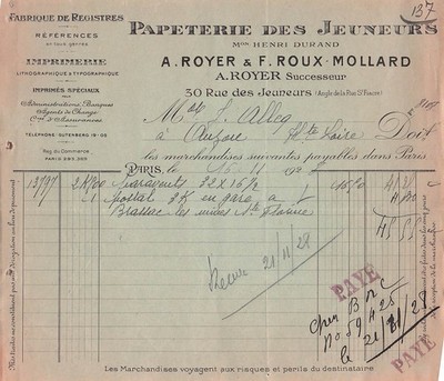 75 PARIS Papetier ROYER ROUX MOLLARD 1925 Schreibwaren Register