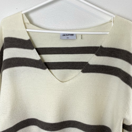 LNA Clothing Womens Striped Sweater Small Cream Taupe Cropped Long Sleeve V-Neck - Picture 3 of 12