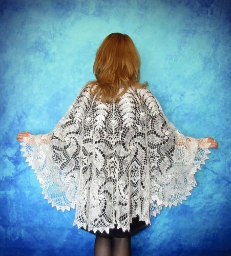 White crochet Russian Orenburg shawl,Wool wrap,Goat down stole,Lace bridal cape - Picture 3 of 8