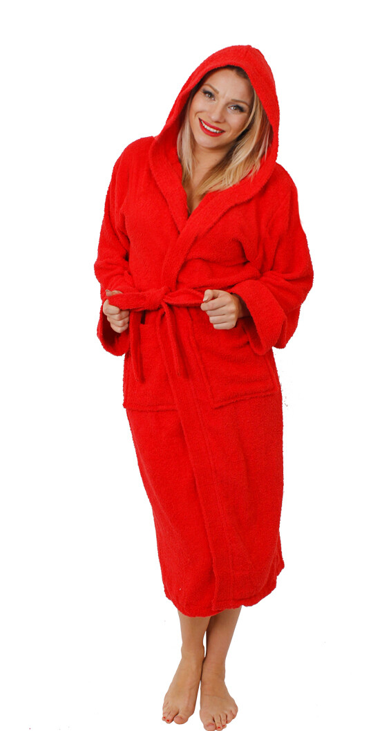 RED HOODED BATHROBE 100 COTTON HEAVY TOWEL UNISEX HOSPITAL GOWN ROBE S