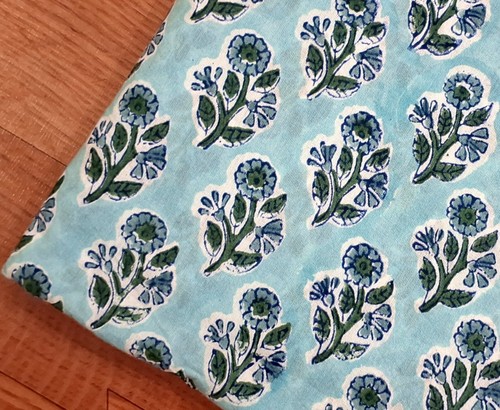 Turquoise Blue Green Floral Indian Block Print By the Yard Fabric for Sewing - Picture 4 of 8