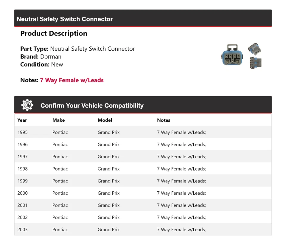 Conector interruptor de seguridad neutro 1996 para Pontiac Grand Prix Dorman 1995-2003 Foto 2 de 4