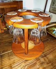 Vintage wood wine bottle server caddy with 6 glasses