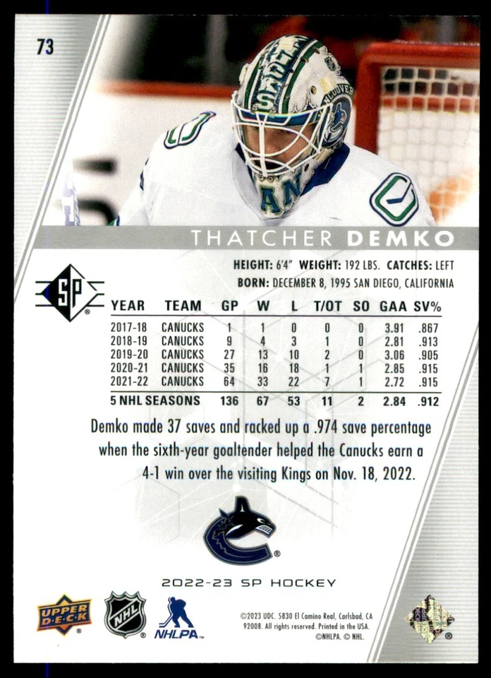 2022-23 SP Hockey Thatcher Demko #73 - Image 2 of 2