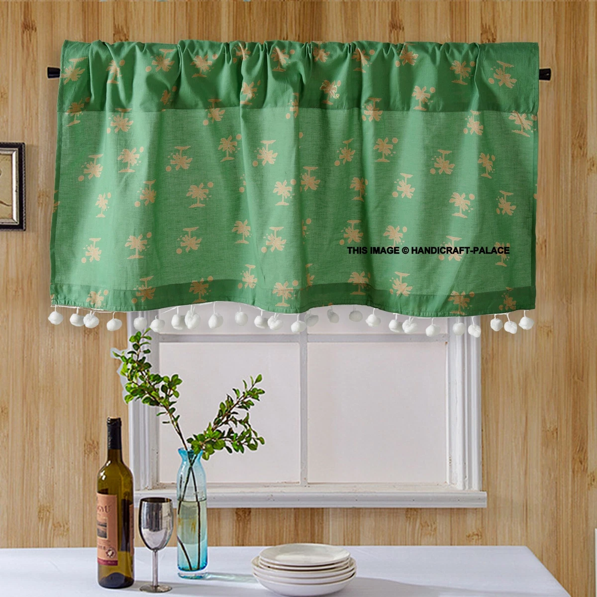 Green Farmhouse Country Palm Tree Valance Kitchen Curtains Cotton Half Curtain