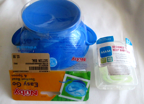 2-Nuby Bowl Lid Spoon Easy Go Feeding & MAM Orthodontic 2 Nipples 0-6m BPA Free - Picture 8 of 9